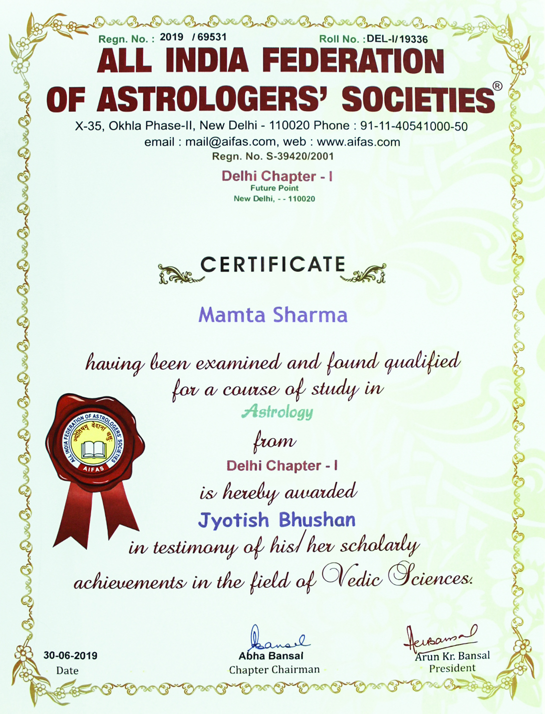 Jyotish Bhushan Astrology Certificate Dr. Mamta Sharma