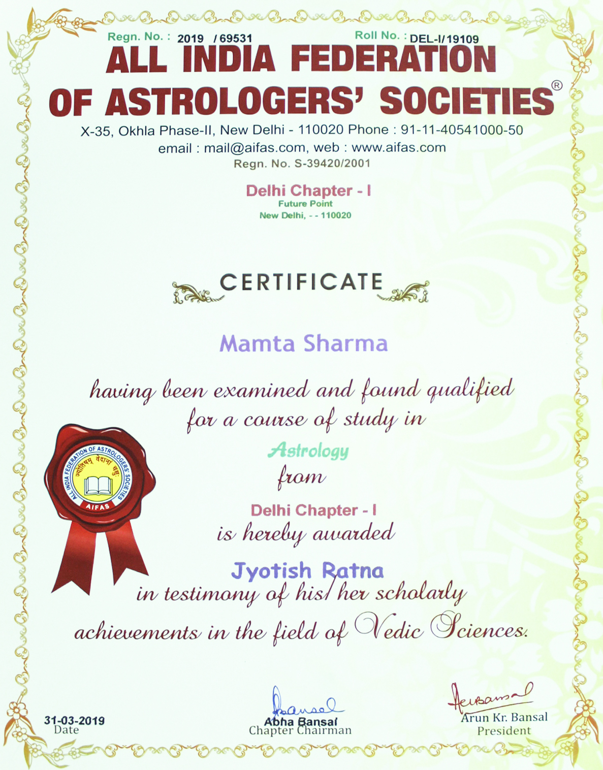 Jyotish Ratna Astrology Certificate Dr. Mamta Sharma